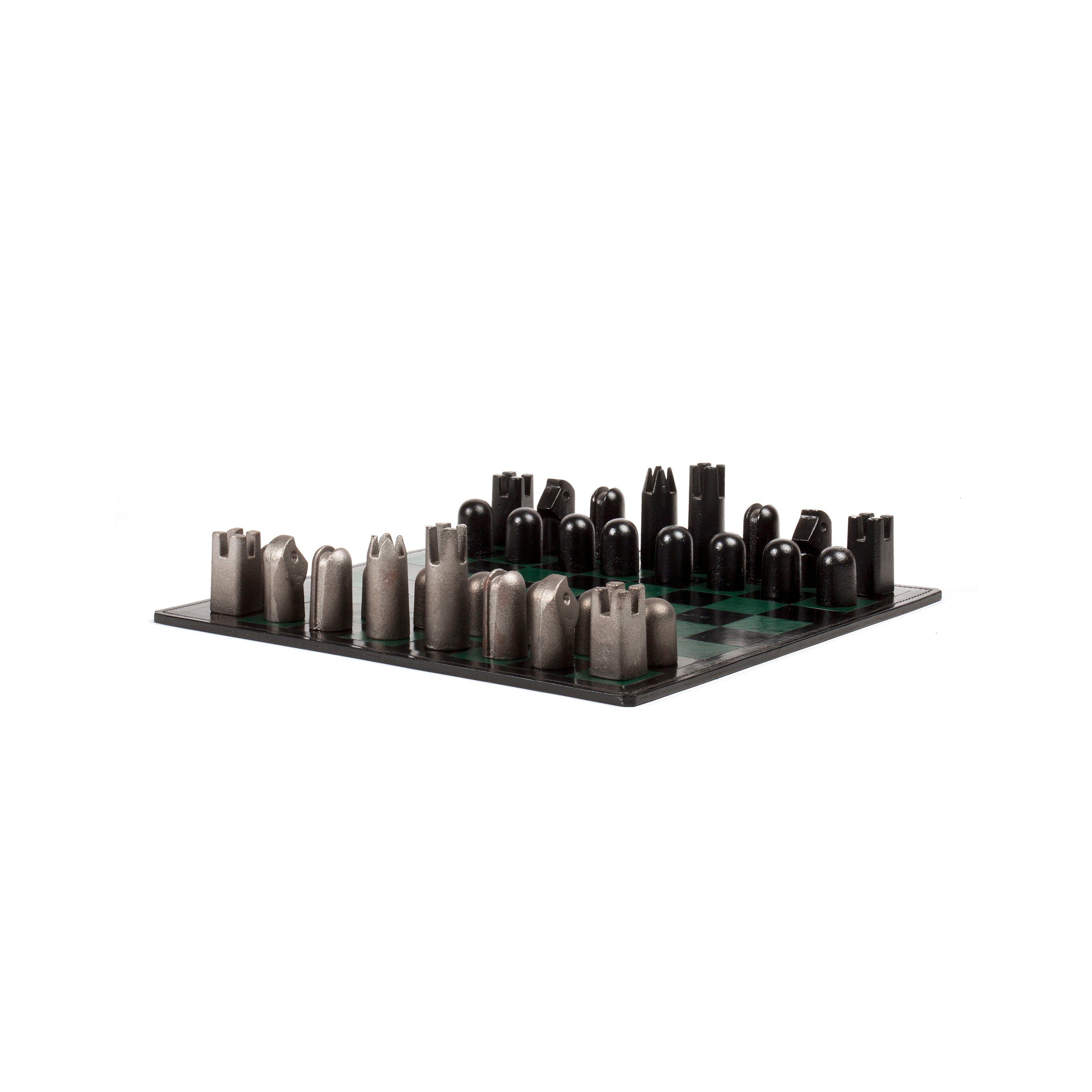 The Chess Board and Chess Pieces #5606 by Werkstätte Carl Auböck features a black and green board with modern, abstract black and silver cylindrical pieces reminiscent of Carl Auböcks design, all positioned for gameplay.