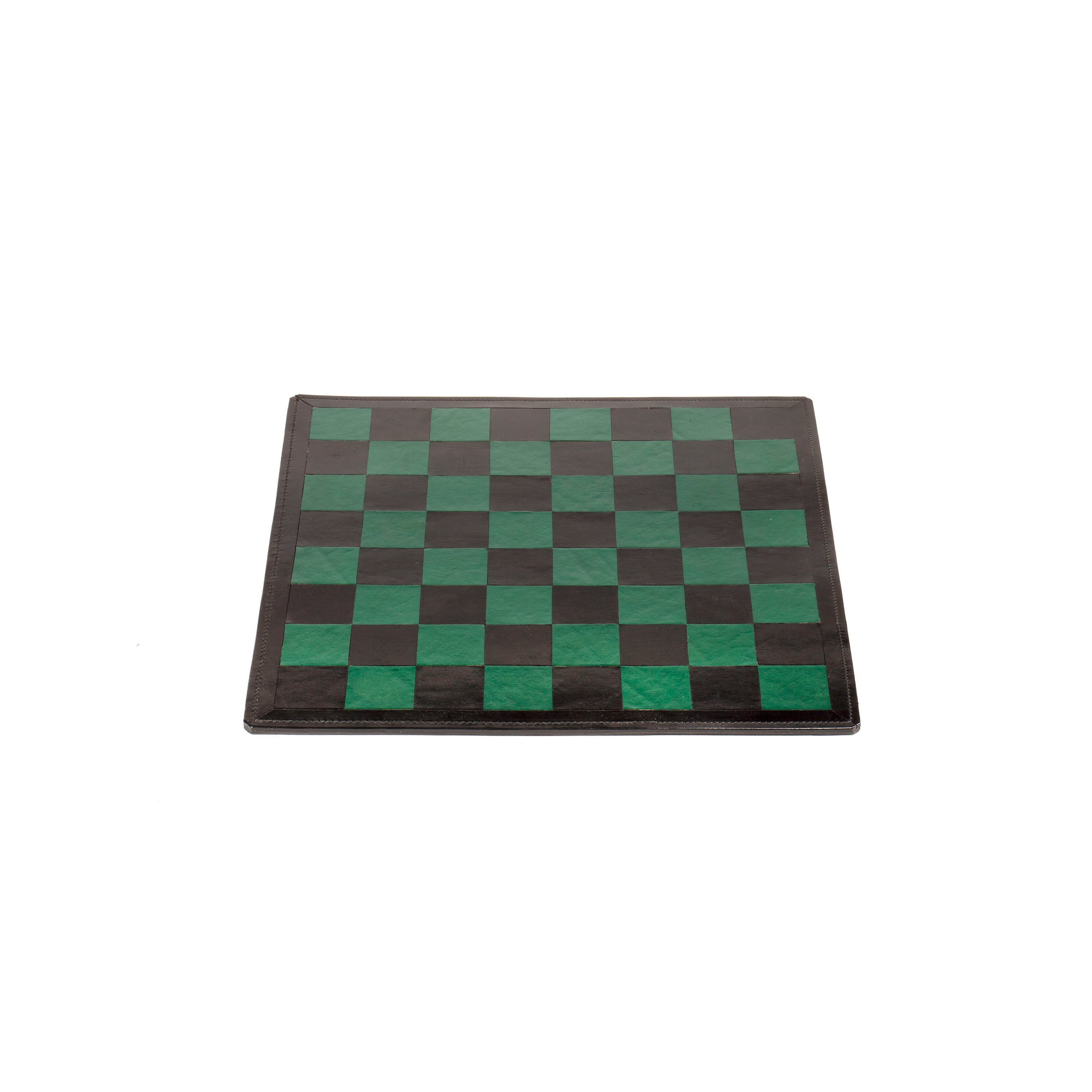 A Werkstätte Carl Auböck Chess Board (#5606) with alternating black and green squares on a white background, reminiscent of Carl Auböcks design, fills the center of the image flatly.