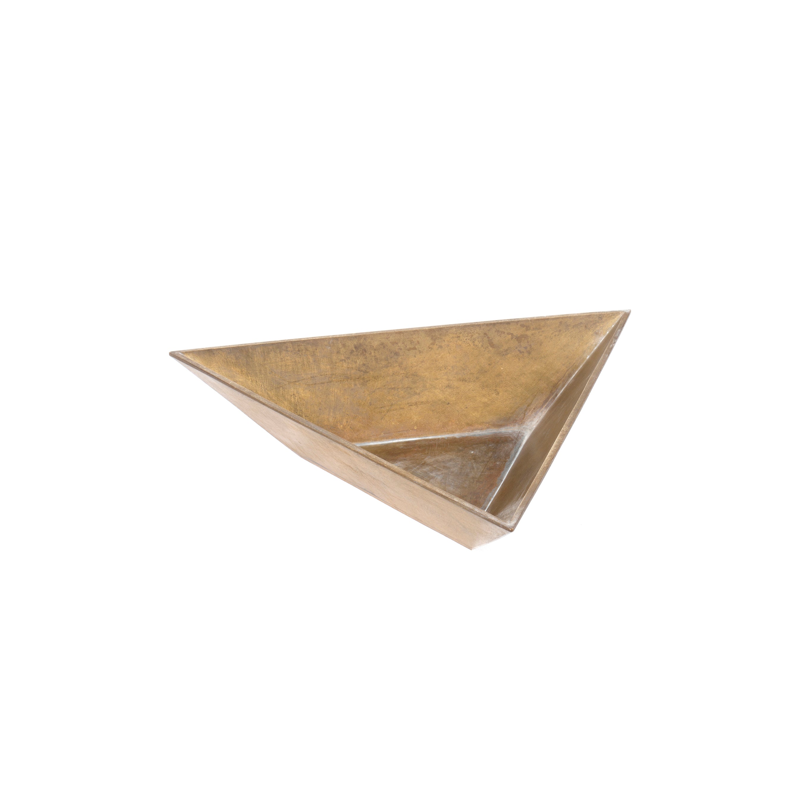 A triangular, shallow, brass-colored dish called Dish #4483 from Werkstätte Carl Auböck, with a minimalist design reminiscent of Carl Auböck creations, rests on a white background. Its smooth surface subtly reflects light.