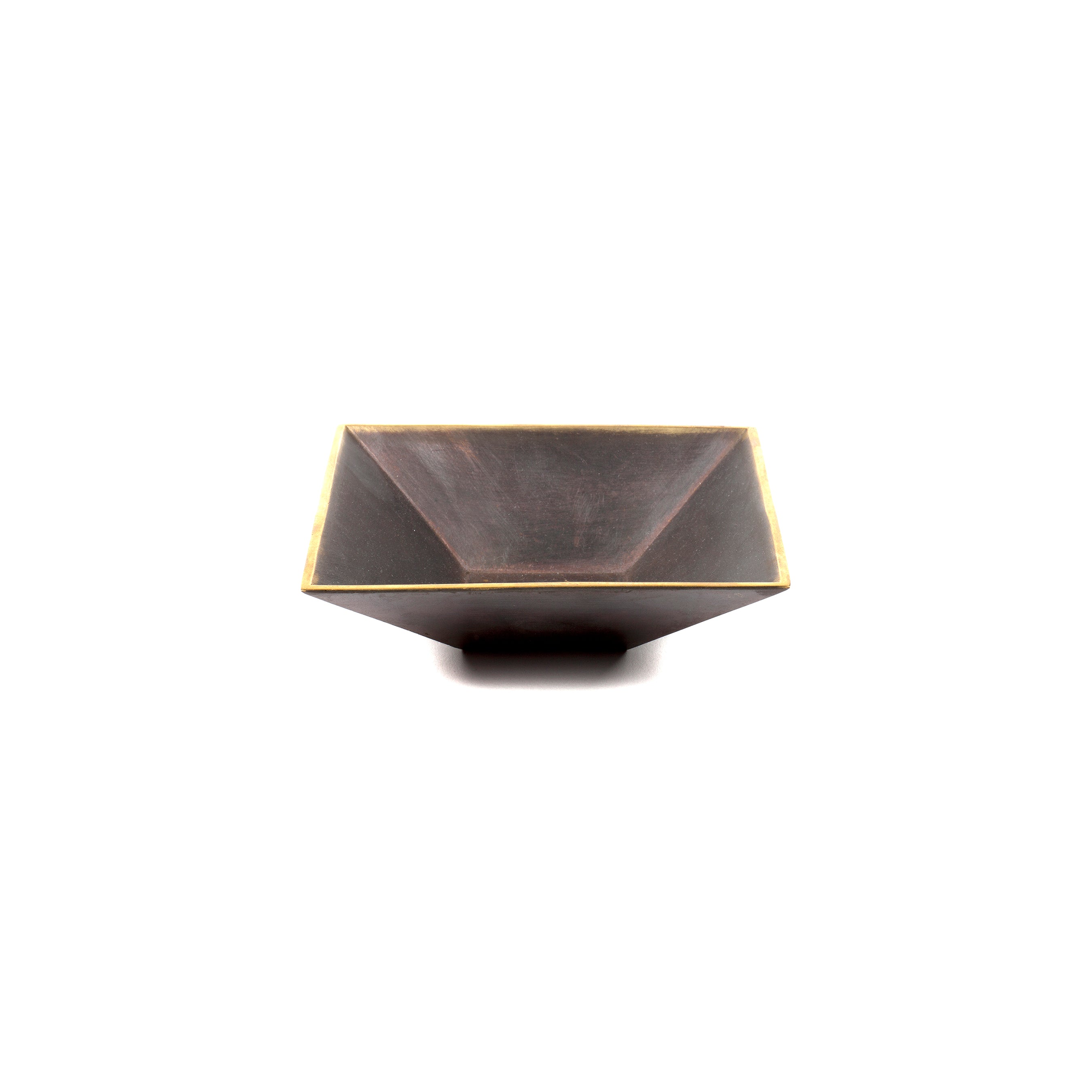 This square wooden bowl, reminiscent of Werkstätte Carl Auböcks design, is captured from the side with a dark finish and lighter edges against a white background. Its known as Dish #4482.
