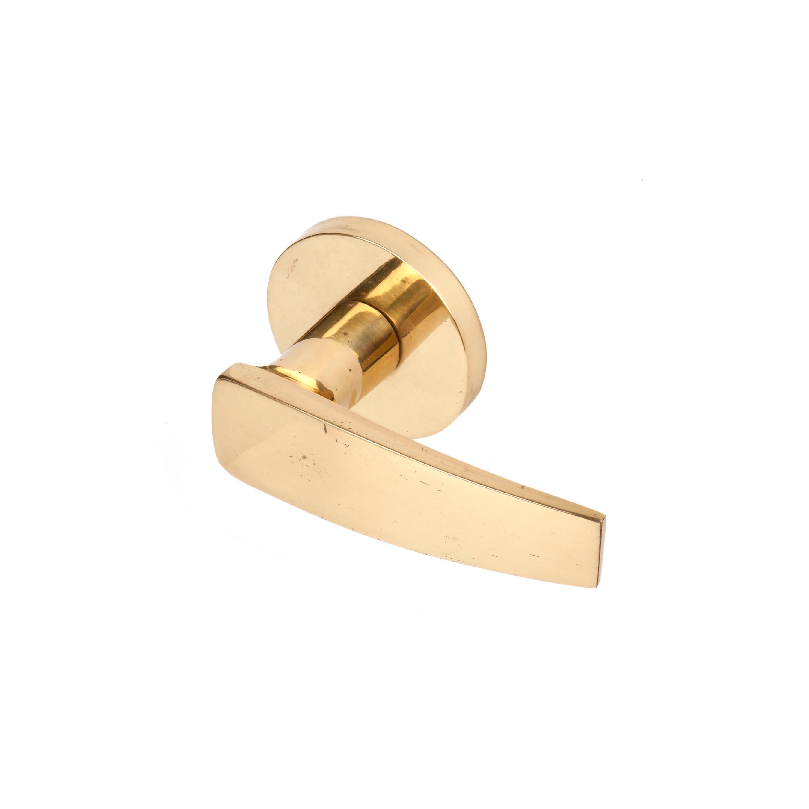 The Door Knob Opera #6040/B4 by Werkstätte Carl Auböck, with its sleek modern design and circular base, exudes a standout gold metallic look against a white background.