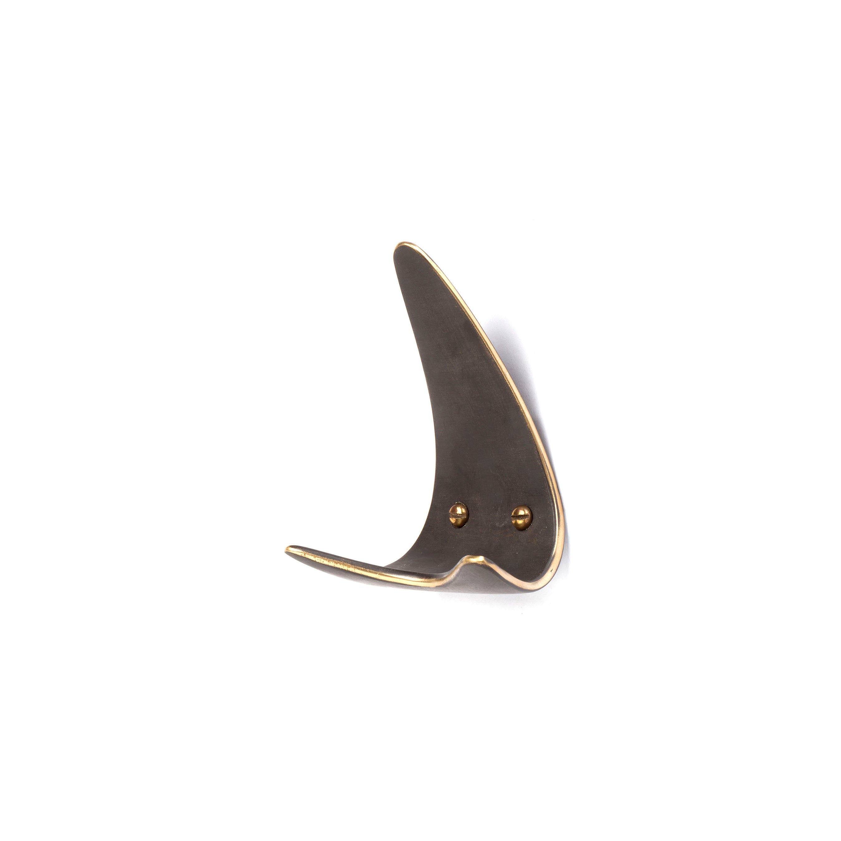 This set of 3 bronze wall hooks (#4086) by Werkstätte Carl Auböck, featuring a sleek whale tail design with two visible screws, embodies the timeless elegance of mid-century masterpieces like those at the Triennale di Milano 1954, adding artistic flair to any space.