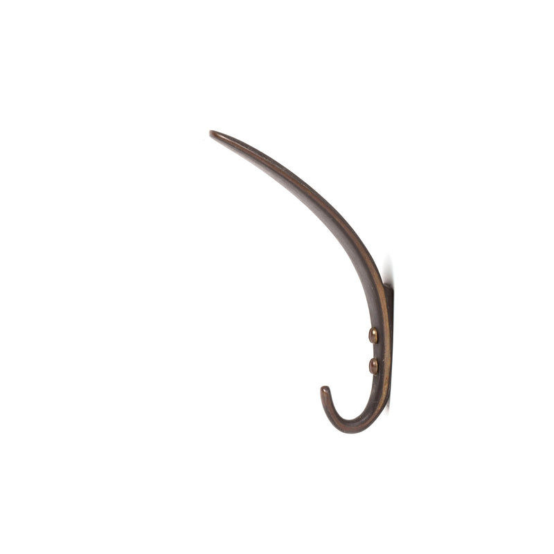 The Set of 3 Hooks #4327 by Werkstätte Carl Auböck features a sleek, curved bronze design with two visible screws for mounting, echoing the charm of a Viennese townhouse against a plain white background.