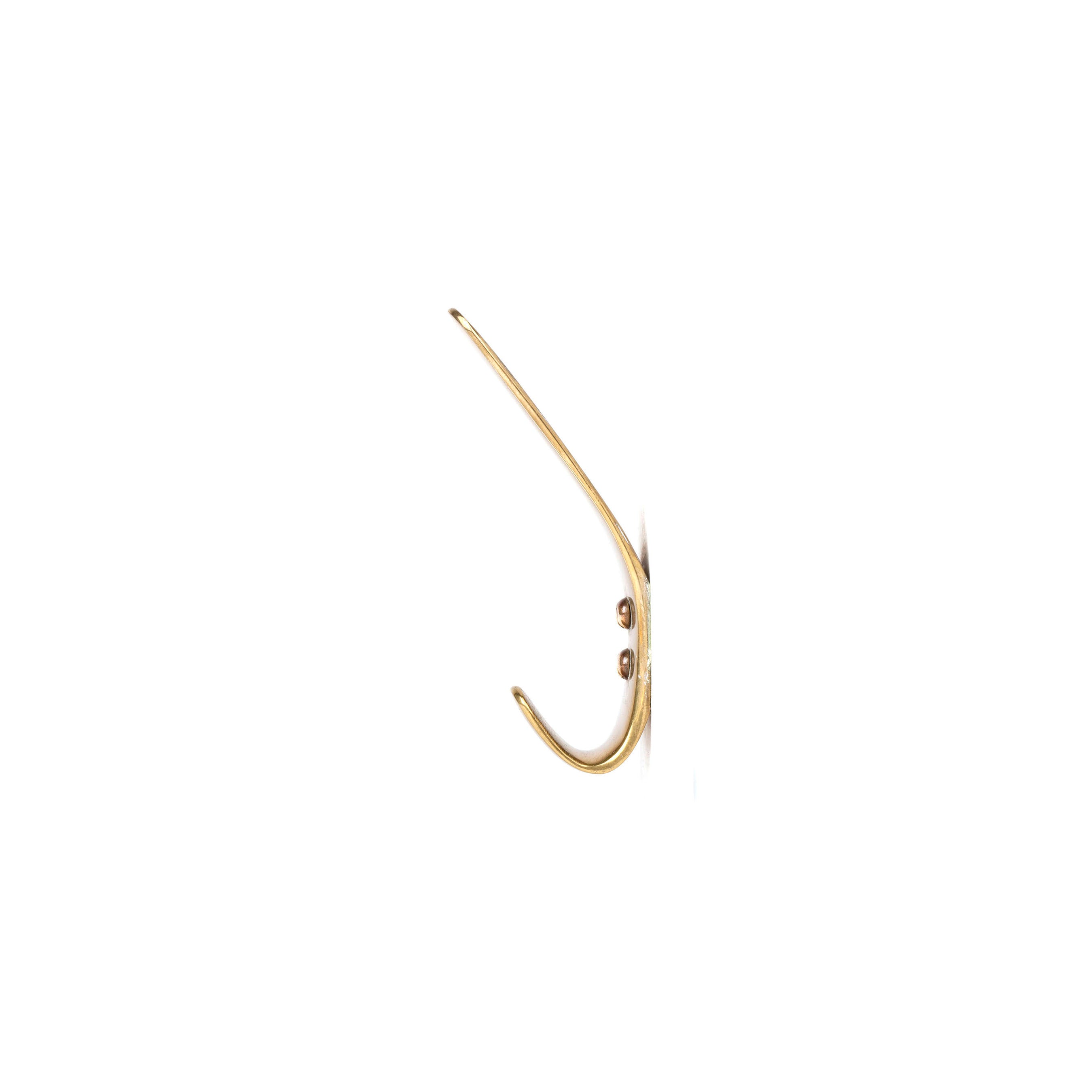 The Set of 3 Hooks #4330 by Werkstätte Carl Auböck features a minimalist gold design with a sleek curved form. Resembling Viennese craftsmanship, each hook displays a single arm and includes two screws for mounting against a white background.
