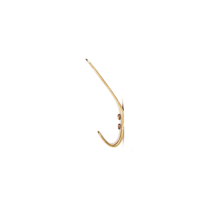 The Set of 3 Hooks #4330 by Werkstätte Carl Auböck features a minimalist gold design with a sleek curved form. Resembling Viennese craftsmanship, each hook displays a single arm and includes two screws for mounting against a white background.