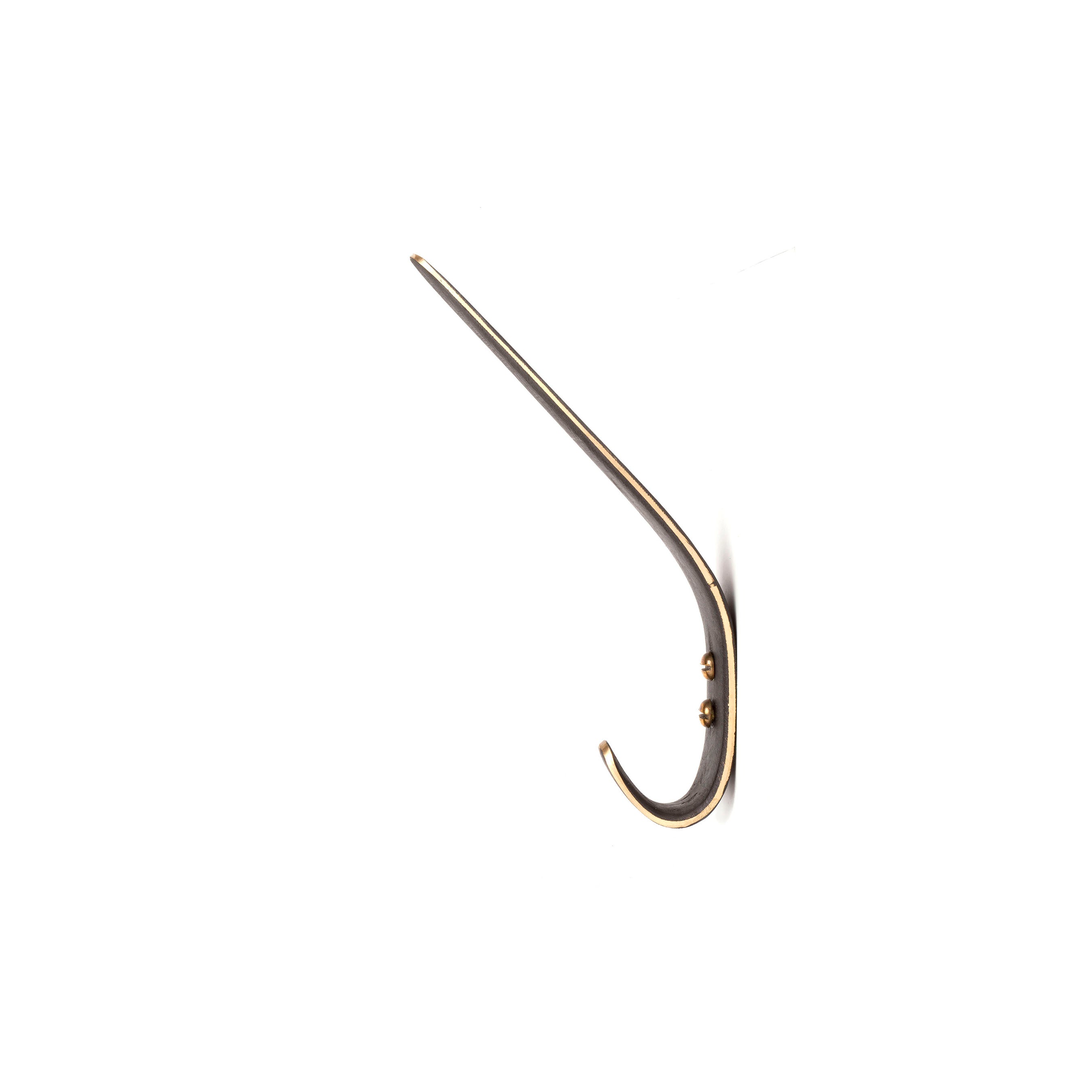 The Set of 3 Hooks #4330 by Werkstätte Carl Auböck features sleek, minimalist metal hooks mounted on a white wall, echoing the artistic precision of Viennese workshop creations with a slender design and smooth curve, secured with two visible screws.