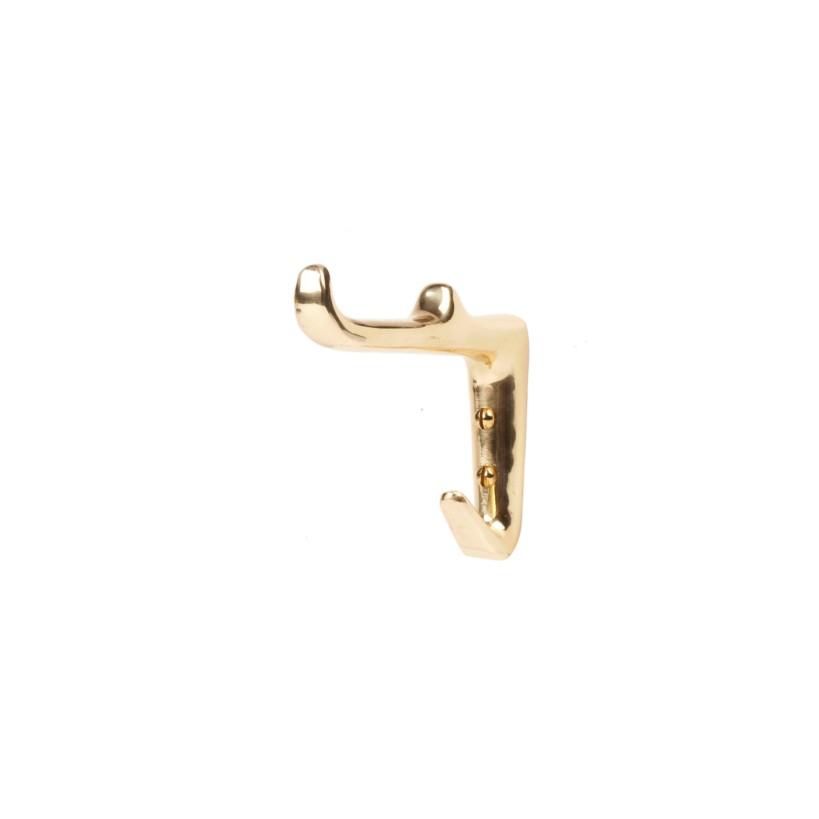 A Set of 3 Hooks #4965 from Werkstätte Carl Auböck features a gold metal hook with a minimalist design and glossy finish reminiscent of Carl Auböcks work. Mounted on a white wall, its two prongs add elegance to any Viennese townhouse decor by reflecting light beautifully.