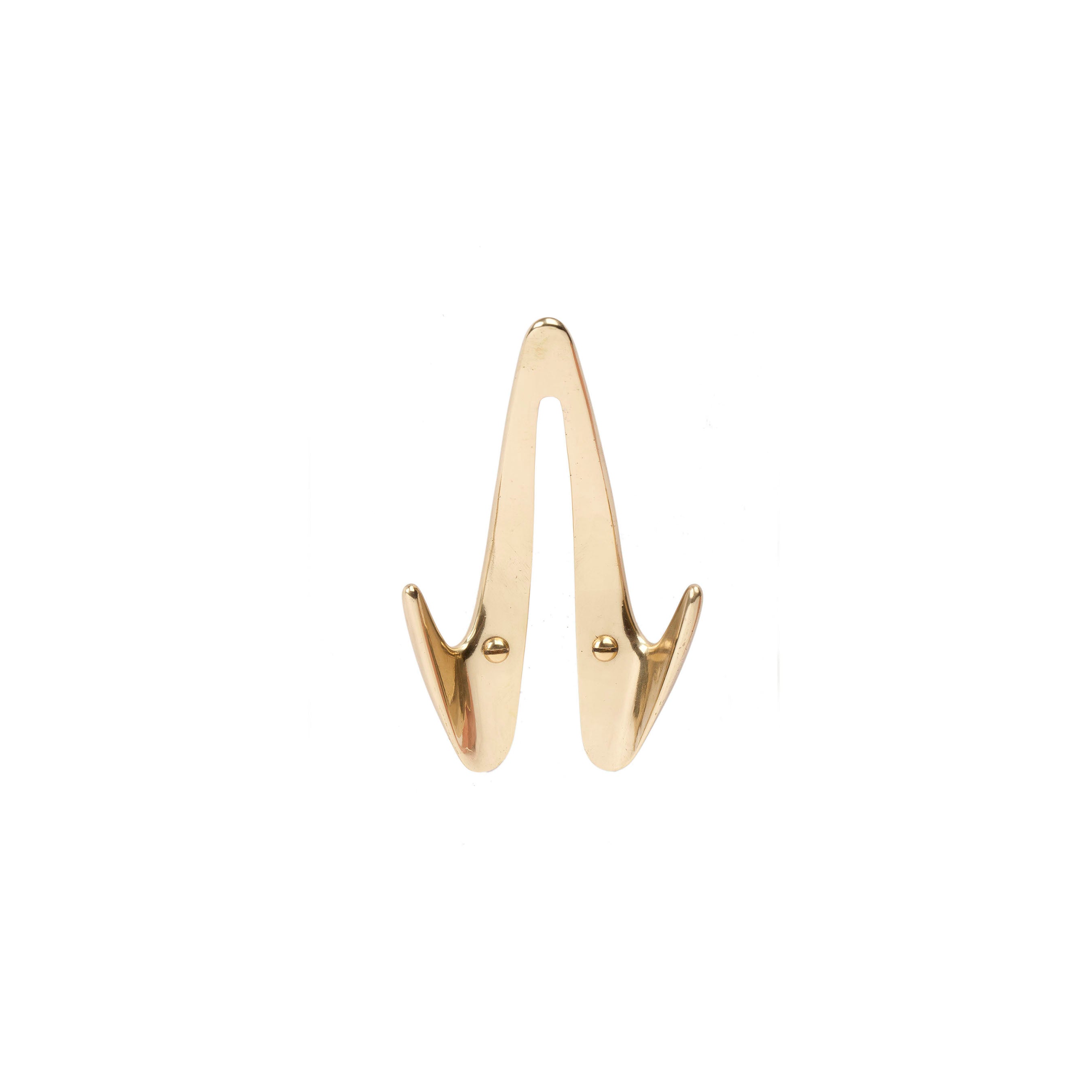 The Werkstätte Carl Auböck Set of 3 Hooks #4994 features a gold wall hook with two curved prongs and minimalist design, evoking the elegant simplicity of a Viennese townhouse, set against a white background.