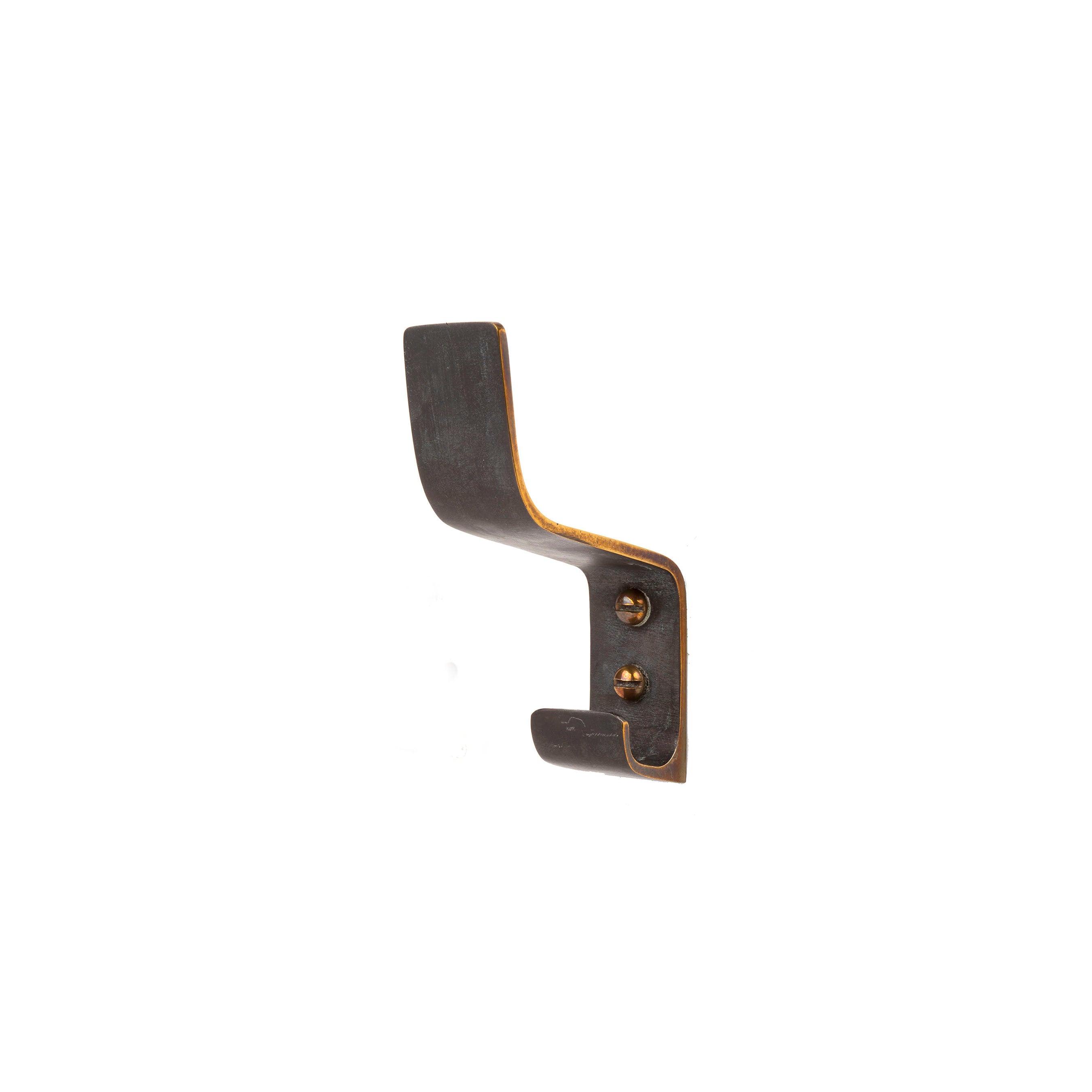 A bronze wall hook from the Set of 3 Hooks #5261 by Werkstätte Carl Auböck, evocative of Wiener Bronzen, is mounted on a white background. It is secured with two screws and features a slight upward curve at the end in Carl Auböcks signature style.