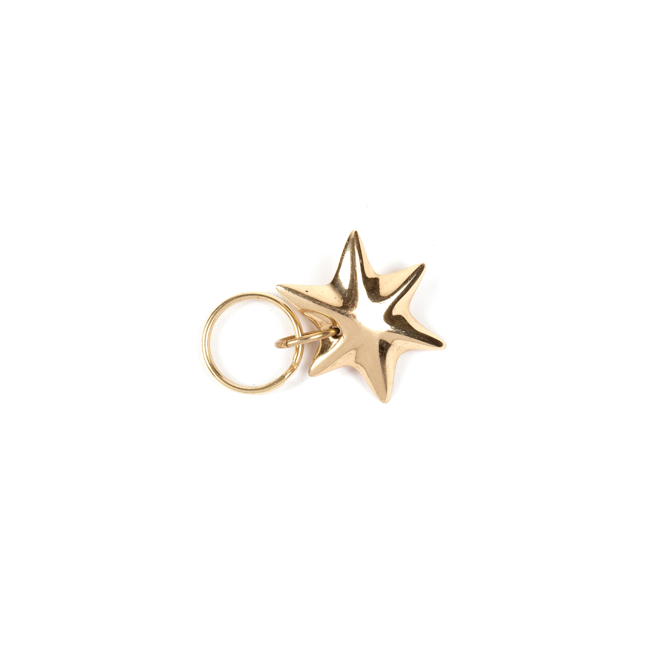 The Keyring Star #5615 by Werkstätte Carl Auböck features a shiny, gold star-shaped design with five rounded points on a plain white background, attached to a simple circular keyring.