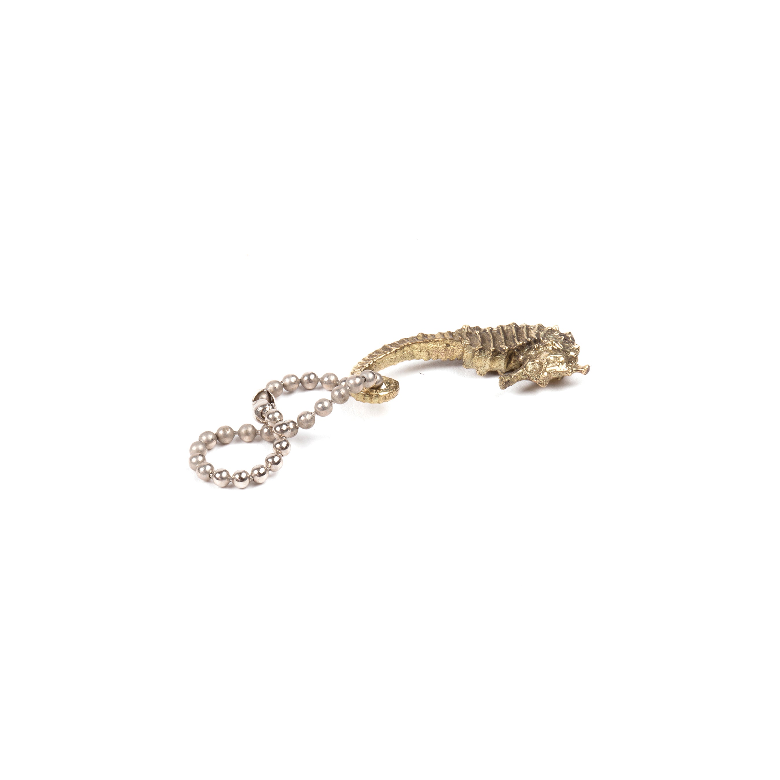 The Keyring Seahorse #5655 by Werkstätte Carl Auböck features a seahorse-shaped design with a metallic finish, attached to a short ball chain. Its intricate details are accentuated against a plain white backdrop, embodying the elegance of a Viennese townhouse.