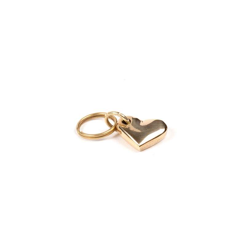 The Keyring Heart #5600 by Werkstätte Carl Auböck is a small, shiny gold heart-shaped keychain on a gold ring. Reflecting light beautifully against a plain white background, it captures an elegant and artful yet understated look reminiscent of Carl Auböcks designs.