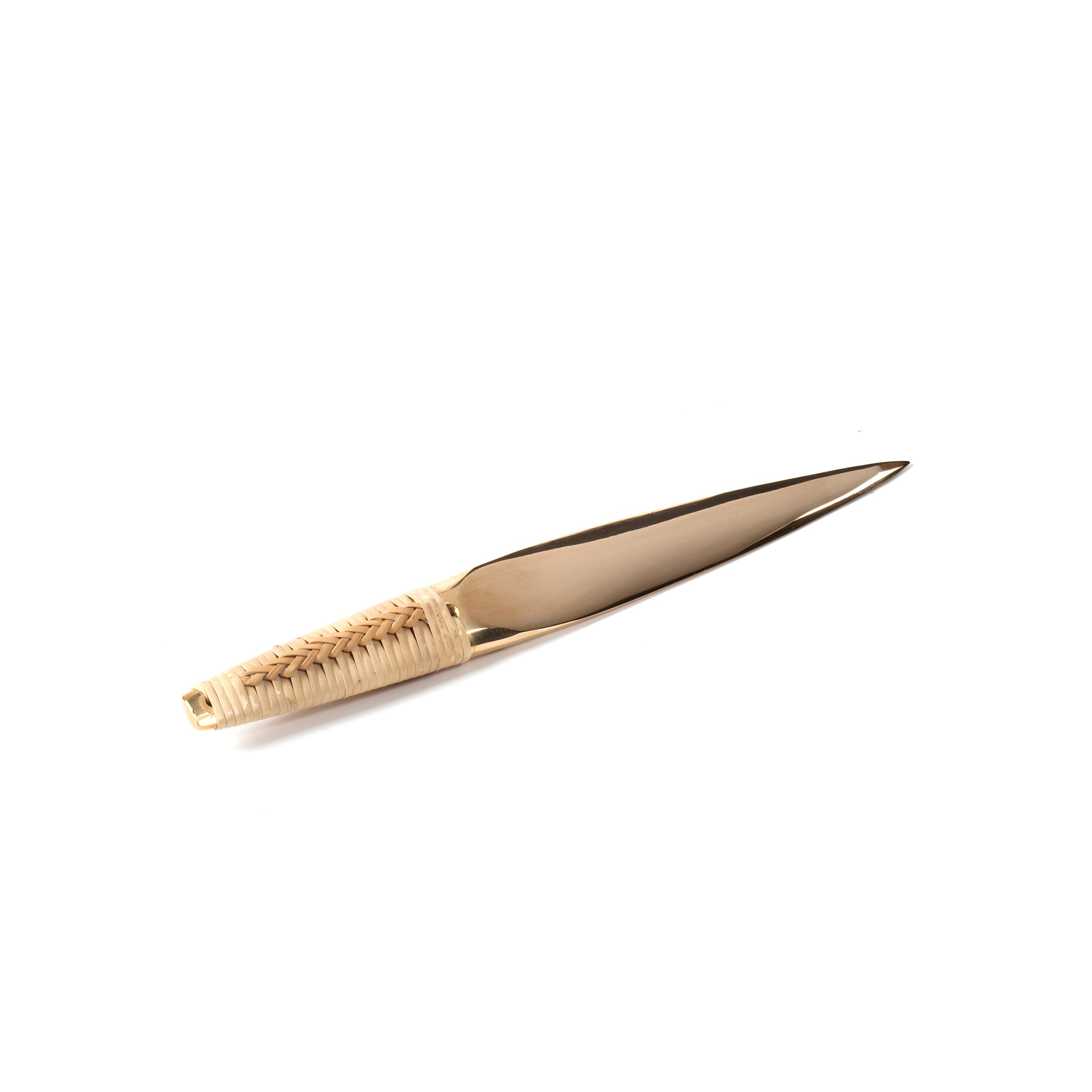 The Werkstätte Carl Auböck Letter Opener #4233, in a gold color with a reflective blade and textured grip, is angled slightly upward against a plain white background, showcasing the refined elegance typical of Viennese design.