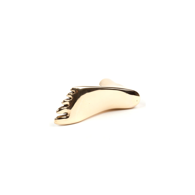 The Werkstätte Carl Auböck Paperweight Foot #4273 is a metallic sculpture of a foot, lying on its side with smooth, polished brass surfaces and stylized toes, set against a plain white background.