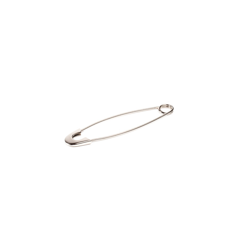 The Paperweight Safety Pin #4992 by Werkstätte Carl Auböck, a shiny silver piece, is showcased on a plain white background with its teardrop shape and pointed end secured in the clasp.