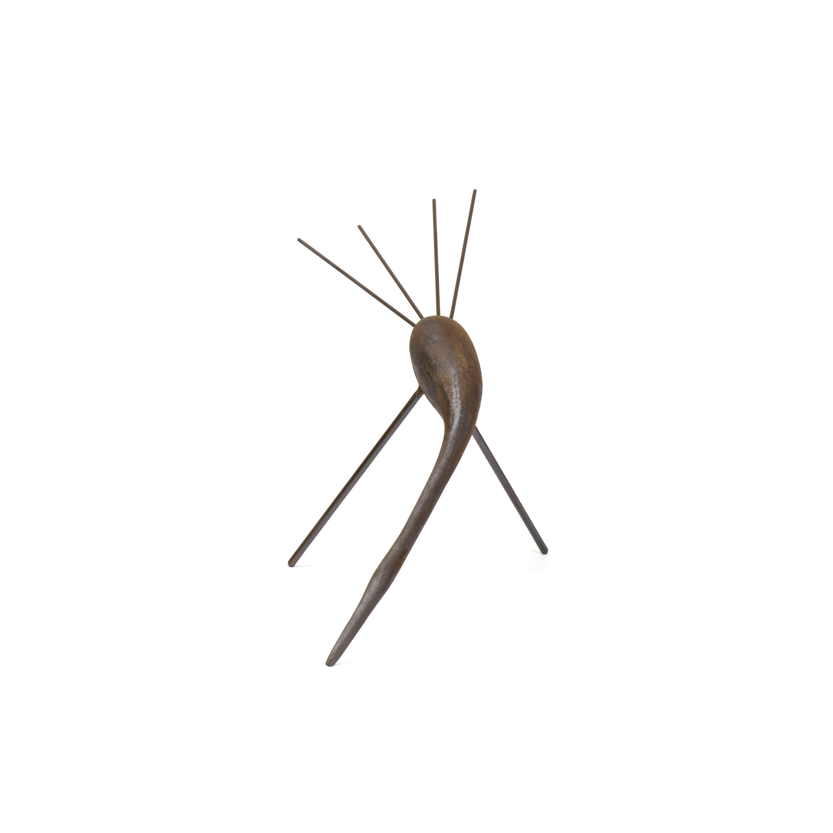Sculpture Bird #4366 by Werkstätte Carl Auböck features a minimalist design with thin metal legs and a long, curved body, resembling a mosquito. Its wire-like legs and elongated shape create a dynamic, airy look against a plain white background.