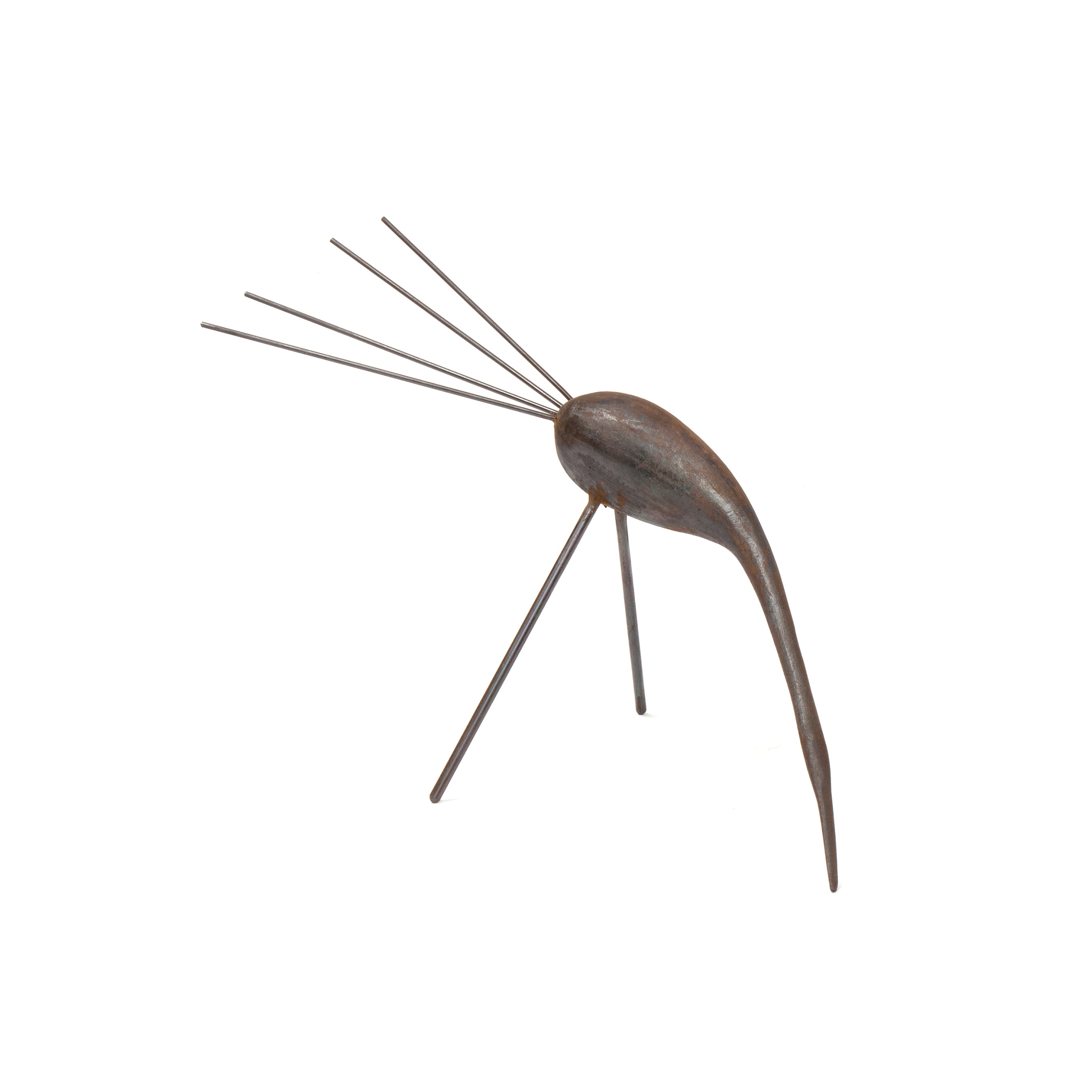 Sculpture Bird #4366 by Werkstätte Carl Auböck is a minimalist metal piece reminiscent of an Auböck design. Its long, curved body and tapered tail stand on two angled legs against a plain white background, capturing the elegance typical of Auböck creations.