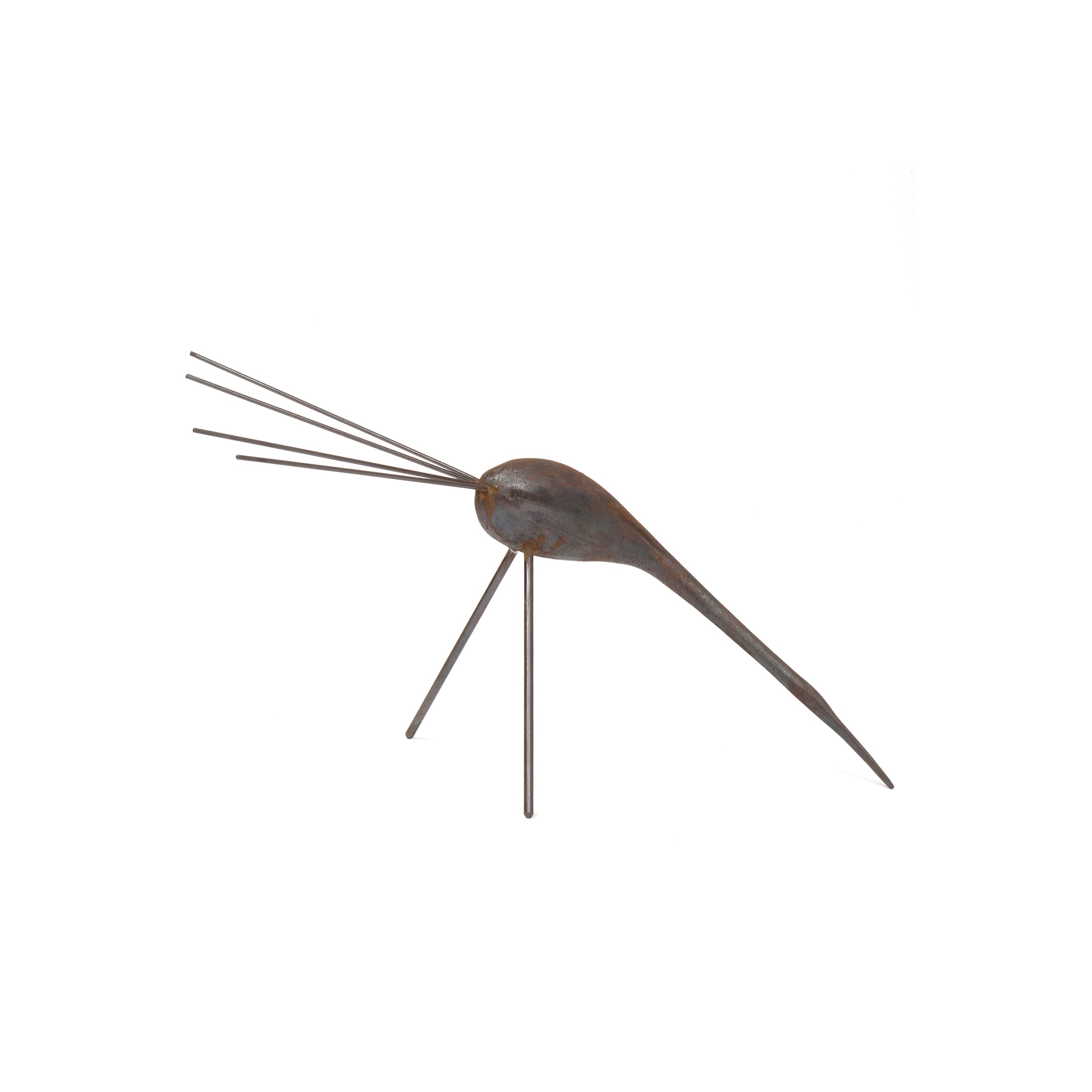 Sculpture Bird #4366 by Werkstätte Carl Auböck is a minimalist metal piece resembling an abstract bird, with a rounded body, elongated tail, four thin legs, and beak-like elements. Its rusty texture enhances its industrial aesthetic, reminiscent of classic Auböck design.