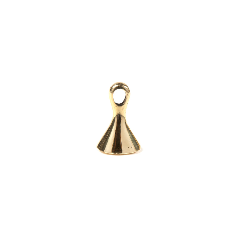 The Snuffer #4117D by Werkstätte Carl Auböck features a small, shiny brass-colored metal design with a flat, conical base and a loop on top, isolated against a plain white background.