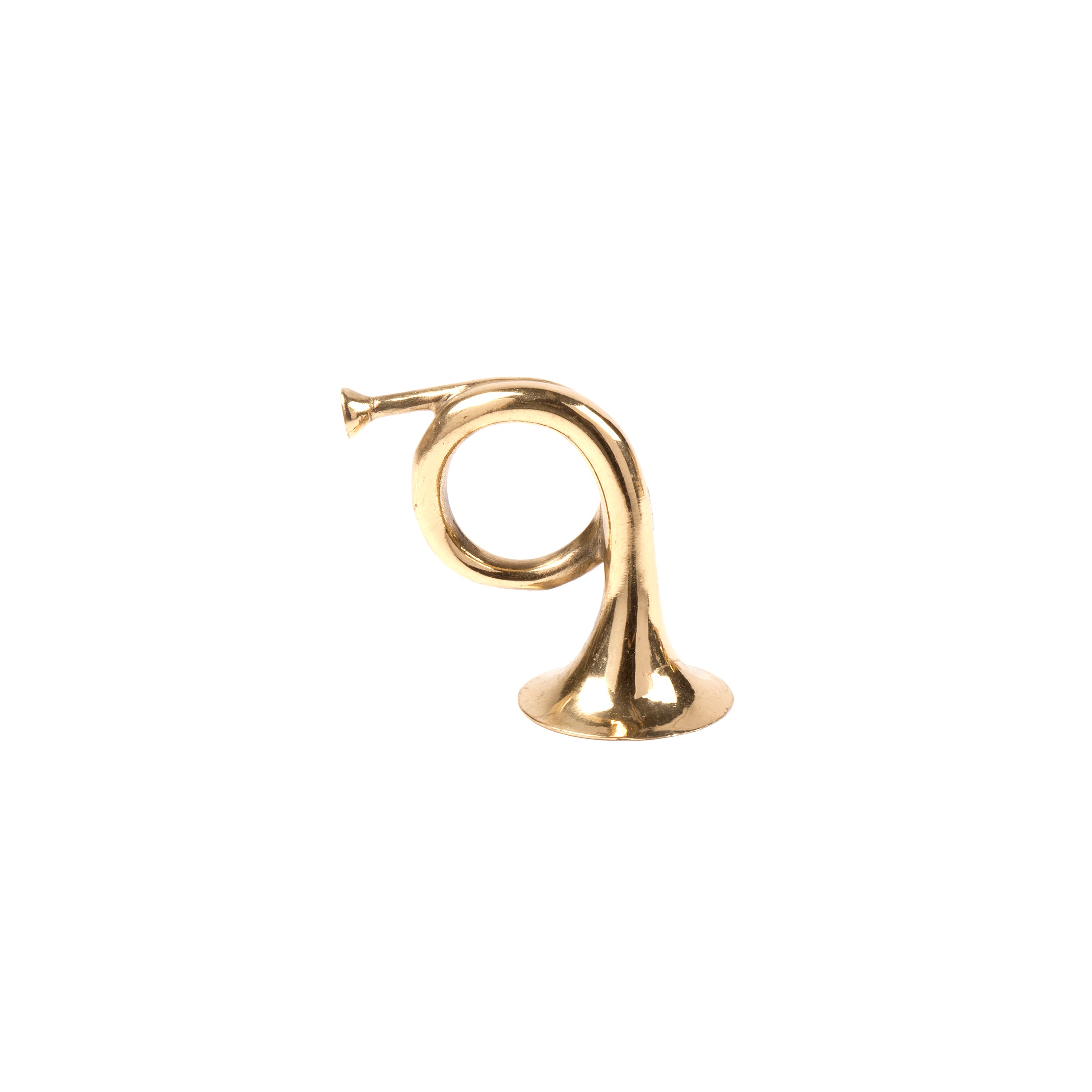 The Snuffer #3738 by Werkstätte Carl Auböck, a gold miniature French horn with a looped body and flared bell, is elegantly displayed against a plain white background.