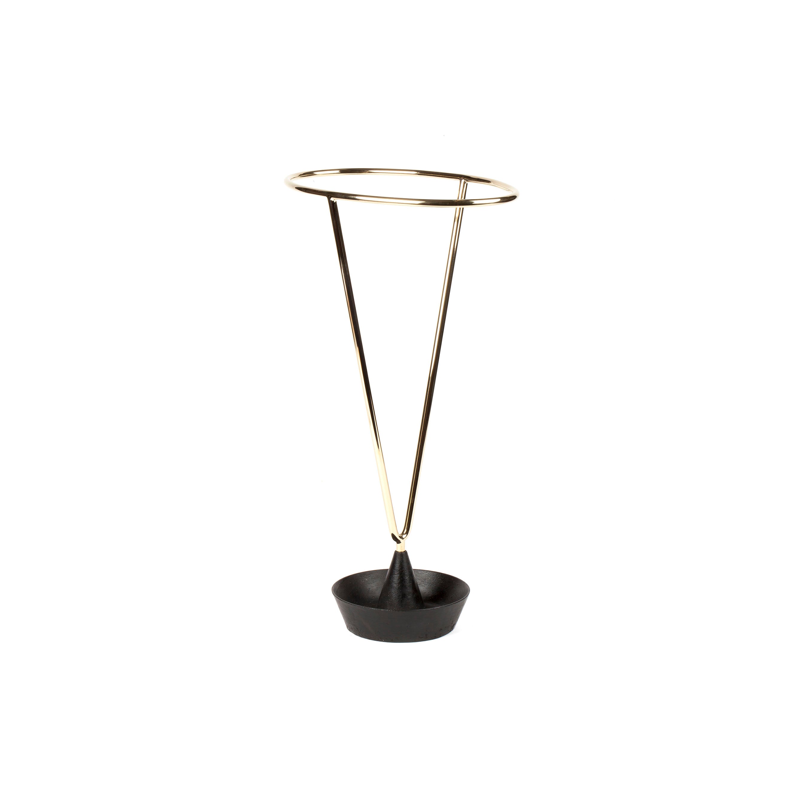 The Werkstätte Carl Auböck Umbrella Stand #4293 features a minimalist triangular structure, sleek metal rods, and a circular top gracefully leading to a small round base, reminiscent of Carl Auböcks design.