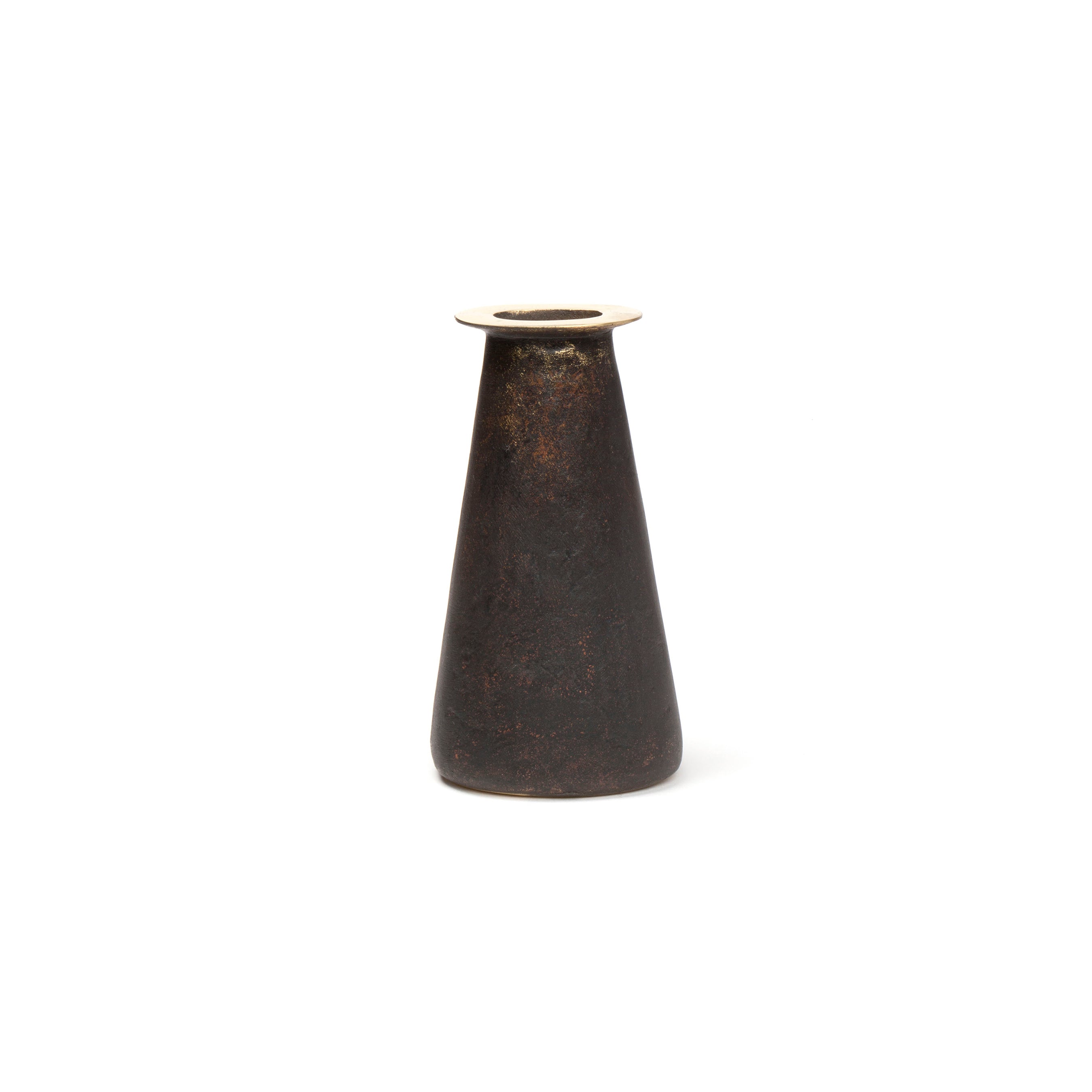 Vase #3975 by Werkstätte Carl Auböck is a small, dark brown metal cone-shaped vase featuring a narrow opening and textured surface with rust-like details, reminiscent of artisanal designs seen at the Triennale di Milano, displayed on a white background.