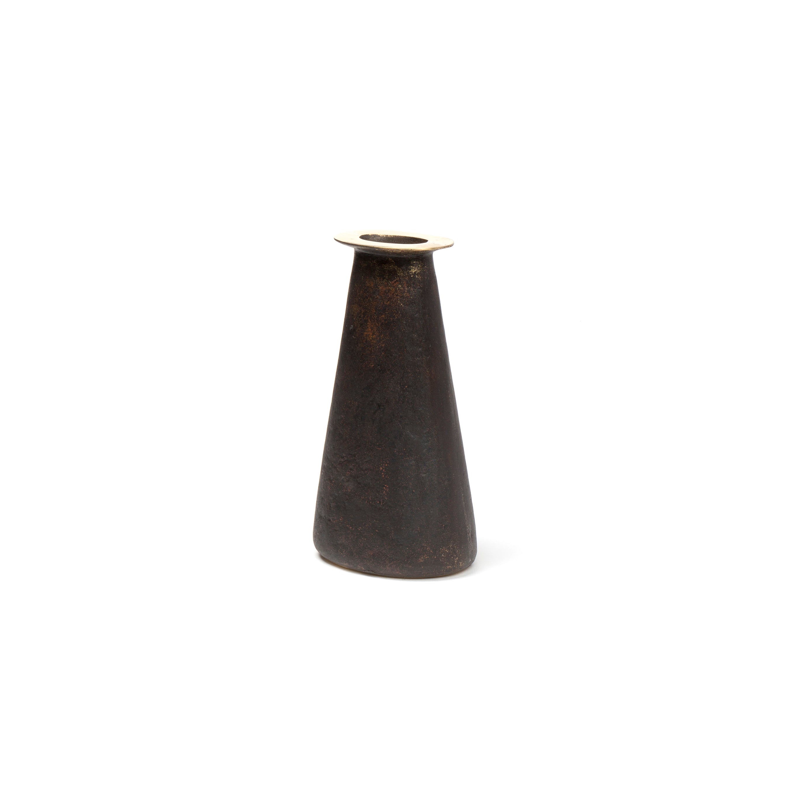 This cone-shaped, dark brown metal Vase #3975 by Werkstätte Carl Auböck is reminiscent of the Wiener Bronzen style, featuring a slightly flared top and narrow base, set against a plain white background.