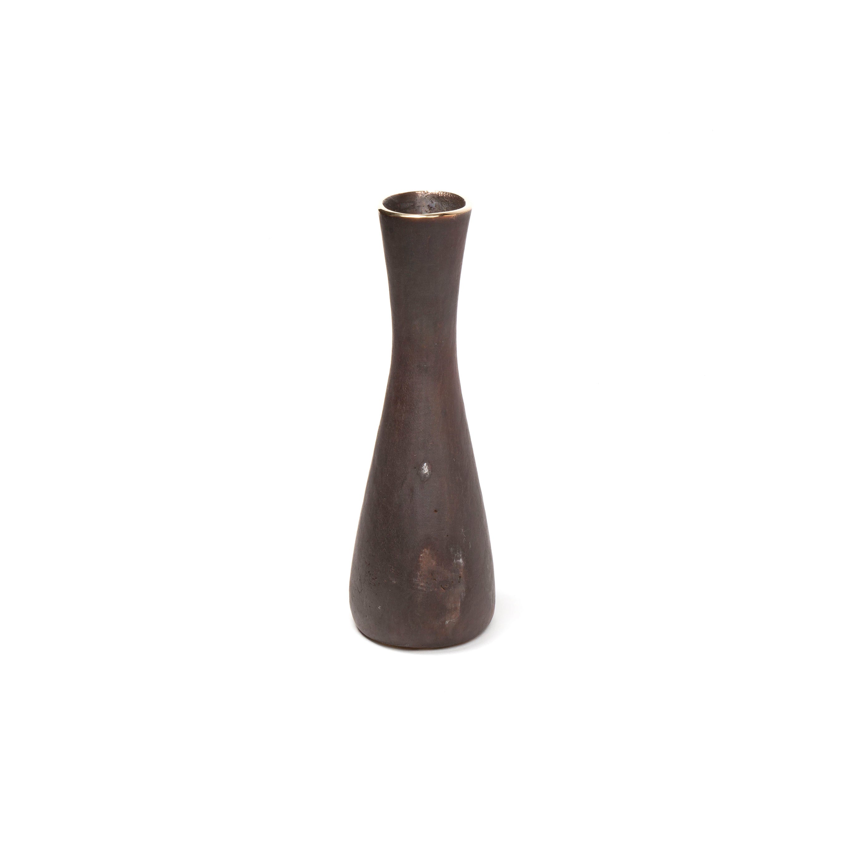 The Vase Taille #7231/1 by Werkstätte Carl Auböck features a tall, narrow ceramic design with a dark brown finish and flared rim, elegantly set against a white backdrop.