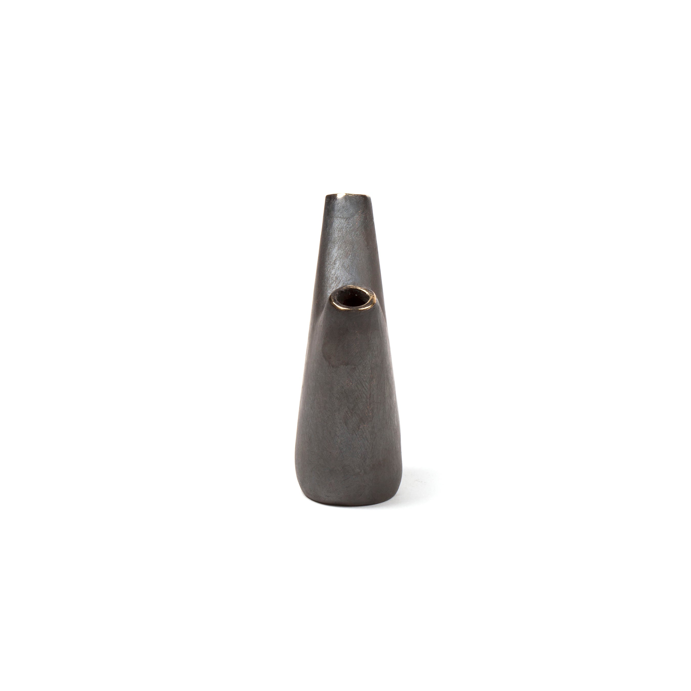The tall, sleek Vase Aorta #3794 by Werkstätte Carl Auböck features a dark gray finish with a narrow elliptical opening near the top, exemplifying minimalist modern design with its cone-like shape and smooth surface, reminiscent of Viennese aesthetics.