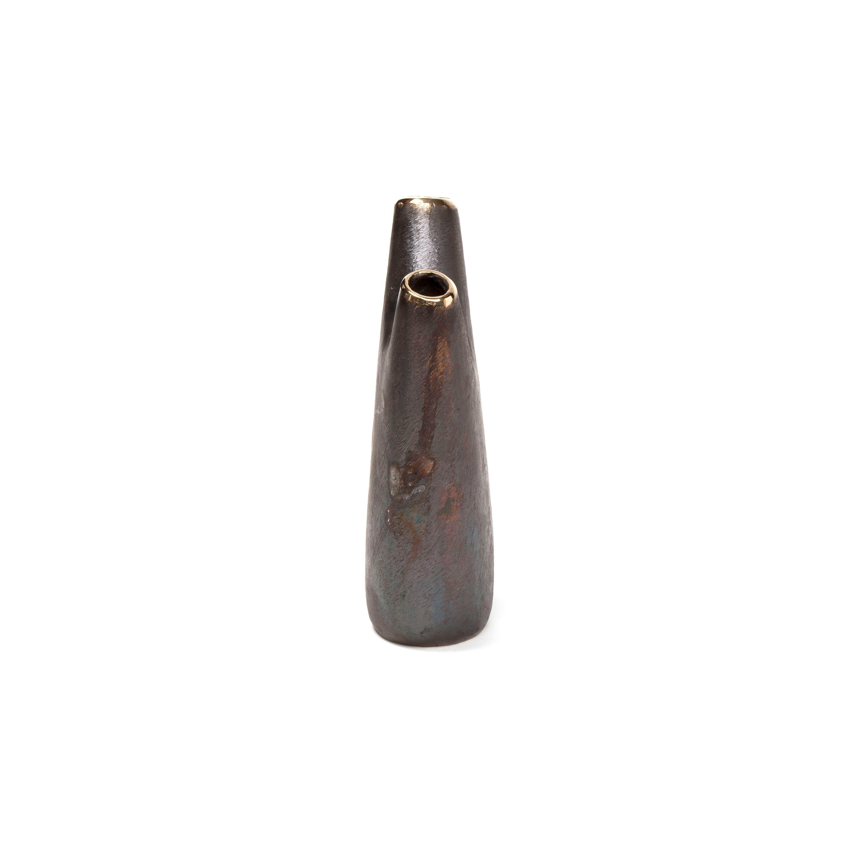 The Vase Aorta #3794 by Werkstätte Carl Auböck is tall and slender with a brown ceramic finish, featuring a small, off-center top opening. Its uneven surface and color variations give it a rustic, handcrafted feel inspired by Viennese design.