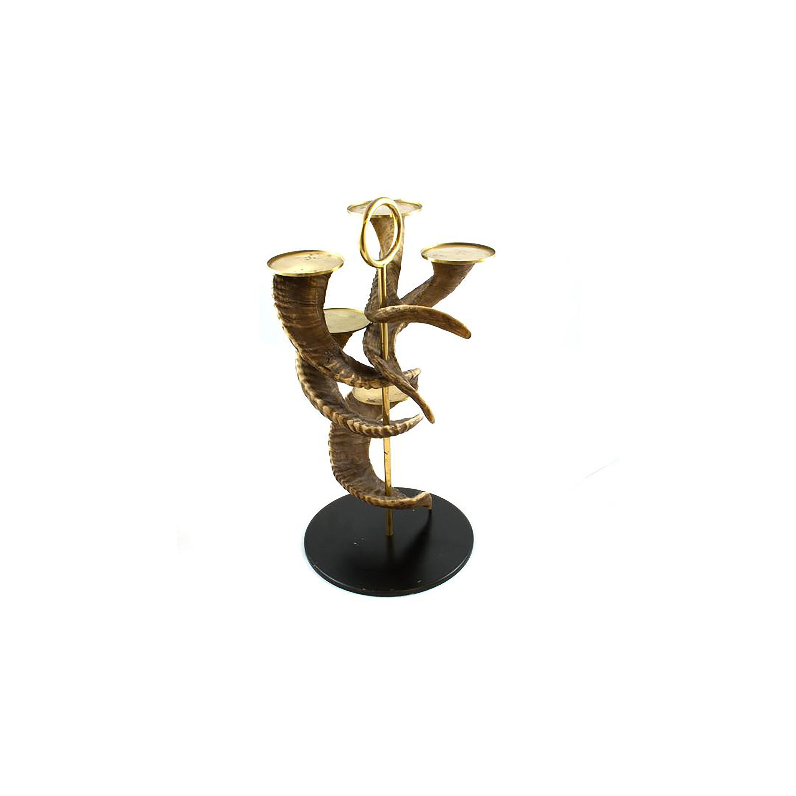 The Vintage Five Horn Candlestick by Werkstätte Carl Auböck features a brass-colored metal spiral design with three curved horn-like arms on a black base, echoing the timeless elegance of Wiener Bronzen found in original Viennese townhouses.