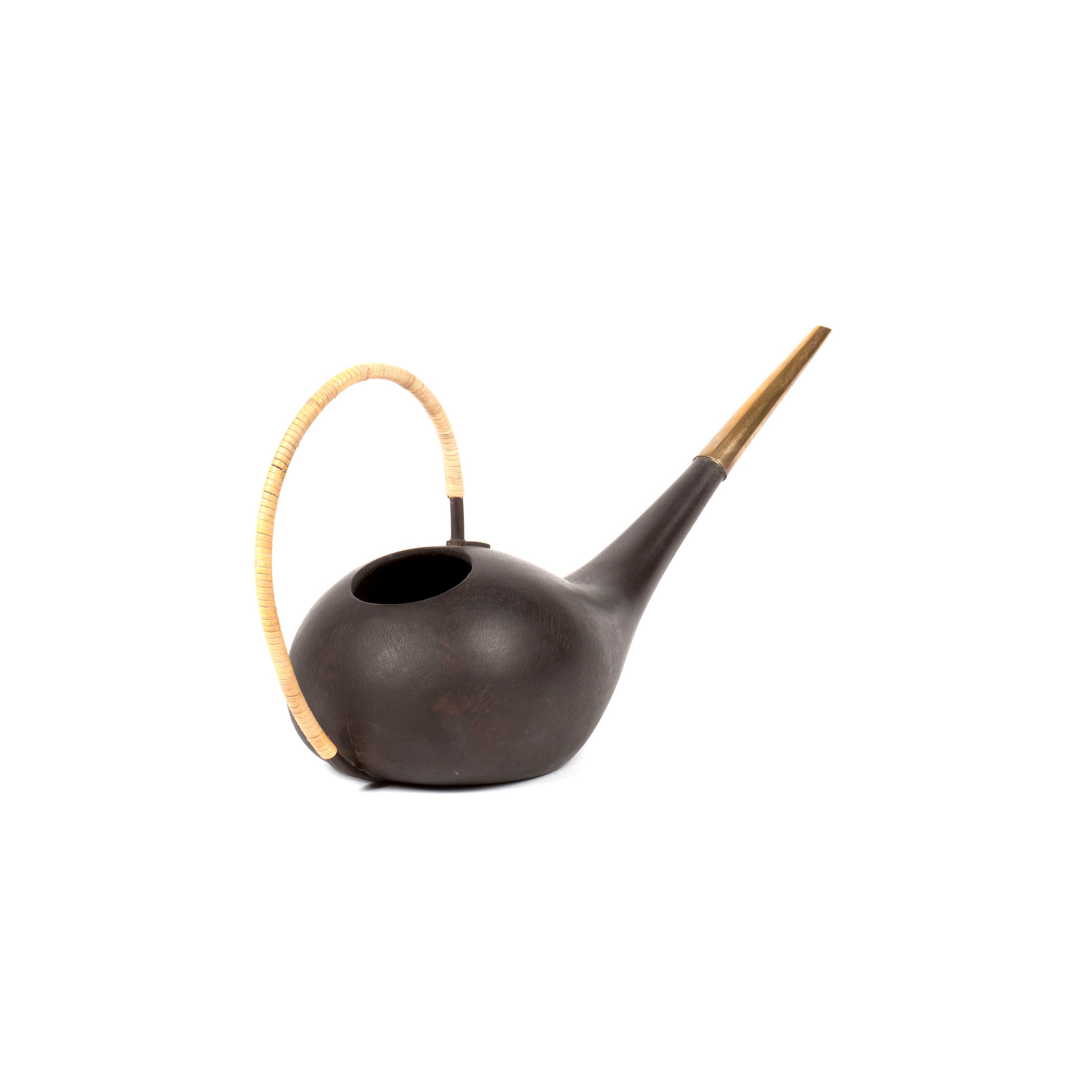 The Watering Can #3632 by Werkstätte Carl Auböck showcases a sleek, modern design with a dark, round body and long, narrow spout. Its stylish curved handle is wrapped in light-colored material, offering an elegant contrast within its minimalist aesthetic.