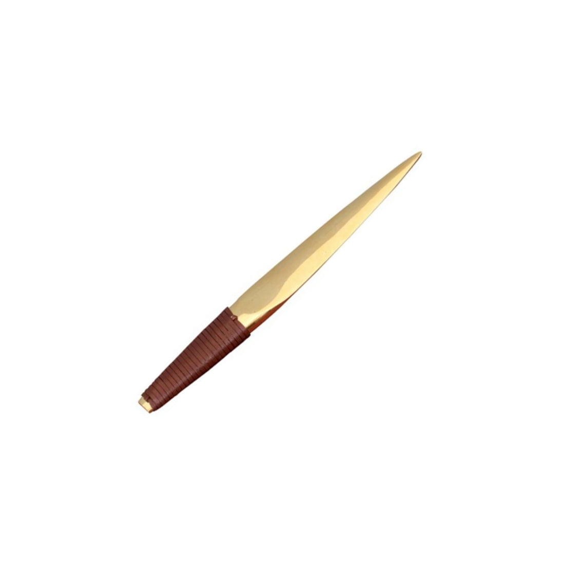 Letter Opener #4233 by Werkstätte Carl Auböck features a sleek, pointed gold design with a wrapped brown handle, exuding charm as it stands isolated on a white background.