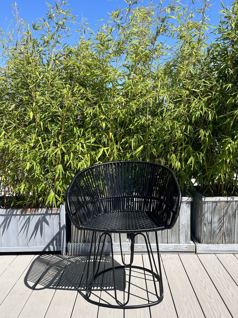 A black Ames Circo chair, part of the sale collection, sits on a light wooden deck casting a shadow. In the background, tall green bamboo in gray planters contrasts against a clear blue sky.