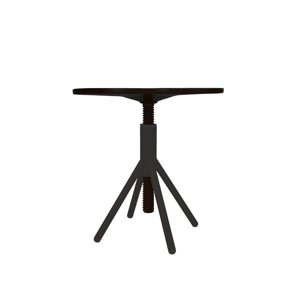 The Thread Family - Bistro Table by Coordination Berlin exhibits a minimalist and industrial design with its dark brown, height-adjustable circular seat supported by a central screw mechanism on a welded steel base featuring three angled legs against a white background.