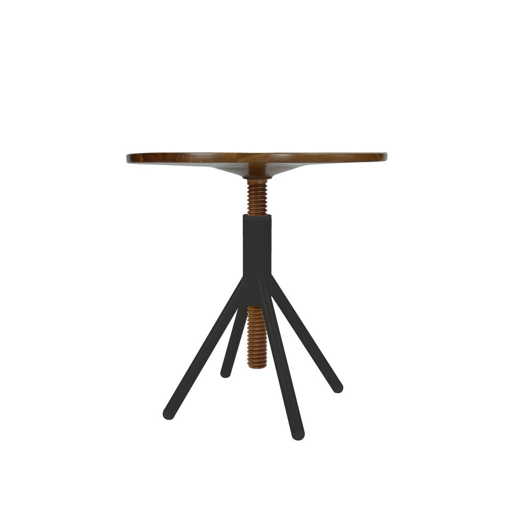 The Thread Family - Bistro Table by Coordination Berlin is a walnut wood table with a round top and screw mechanism for height adjustment. It features three angled black metal legs, offering modern, minimalist design in height-adjustable furniture.