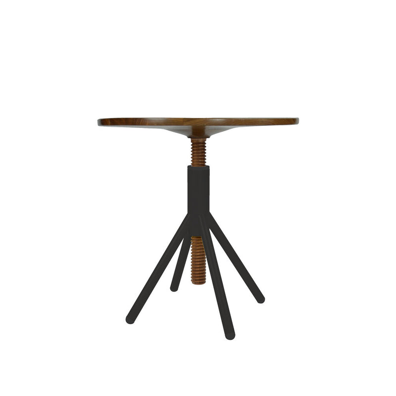 The Thread Family - Bistro Table by Coordination Berlin is a walnut wood table with a round top and screw mechanism for height adjustment. It features three angled black metal legs, offering modern, minimalist design in height-adjustable furniture.