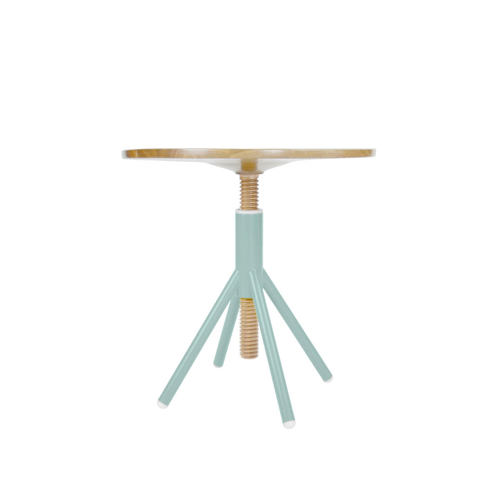 The Thread Family - Bistro Table by Coordination Berlin has a walnut or oak wood top with a turquoise metal base. It features a screw-like height adjustment mechanism on four angled legs, offering minimalistic and modern design for functional, height-adjustable furniture.