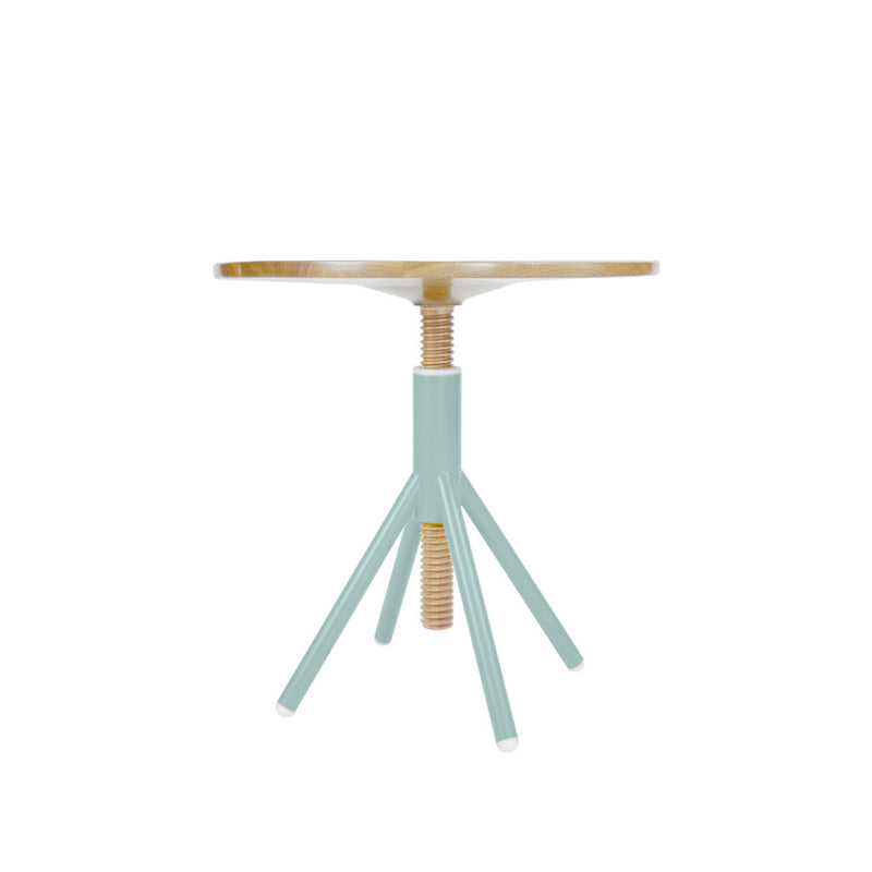 The Thread Family - Bistro Table by Coordination Berlin has a walnut or oak wood top with a turquoise metal base. It features a screw-like height adjustment mechanism on four angled legs, offering minimalistic and modern design for functional, height-adjustable furniture.