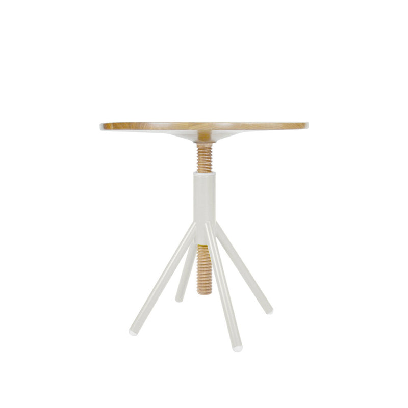 The Thread Family - Bistro Table by Coordination Berlin is a small, round wooden table available in walnut or oak. It features an adjustable screw mechanism and four sleek white welded steel legs.