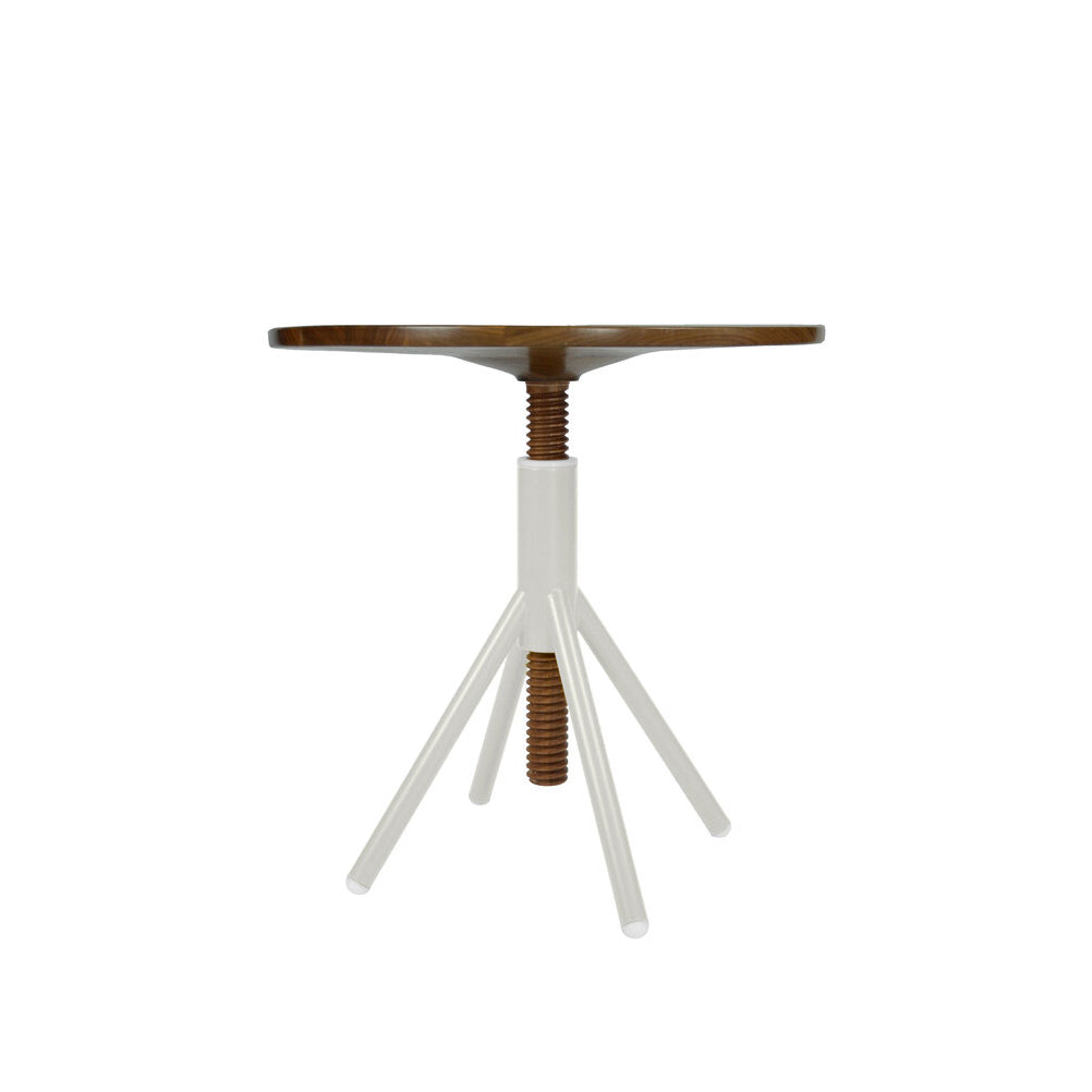The Thread Family - Bistro Table by Coordination Berlin features a round brown walnut seat with a white metal screw-thread pedestal, supported by four angled white legs. Offering a modern industrial design and height adjustability, it perfectly embodies modern adjustable furniture style.