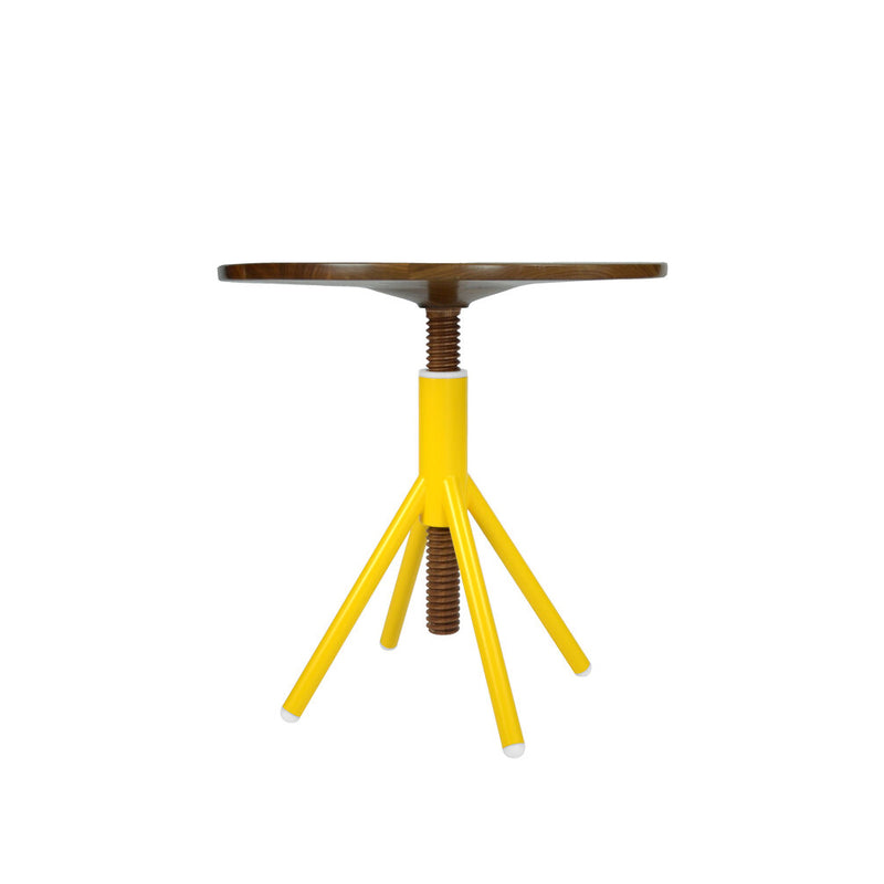The Thread Family - Bistro Table by Coordination Berlin is a modern, minimalist, height-adjustable piece featuring a round walnut or oak tabletop, supported by three yellow angled legs with a central screw mechanism.