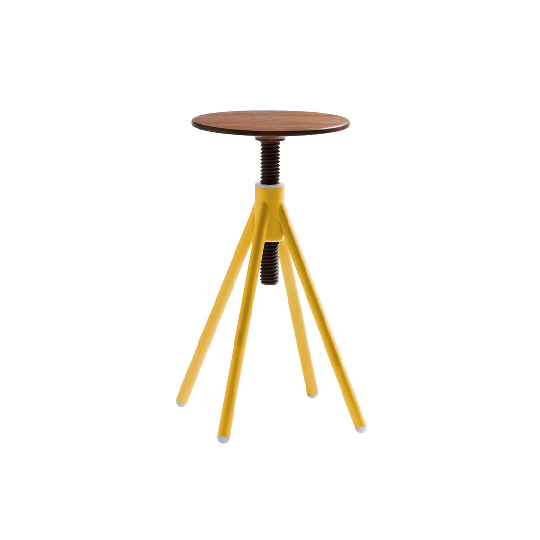 The Thread Family - High Stool by Coordination Berlin showcases a sleek walnut wood seat atop a vibrant yellow metal base with four legs. Its contemporary design features an adjustable screw mechanism for easy height changes, combining style and functionality seamlessly.