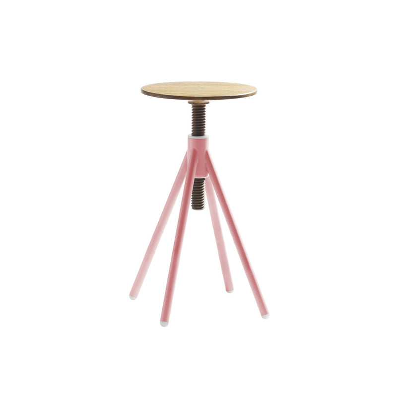 The Thread Family - High Stool by Coordination Berlin features a round walnut wood seat with an adjustable screw mechanism and three outwardly extending pink metal legs for stability, offering a design that is both simple and modern.