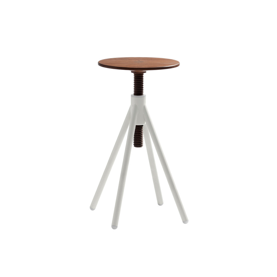 The Thread Family - High Stool by Coordination Berlin is a modern, functional piece featuring a walnut wood circular seat and metal base. It has a tripod-like design with white legs and a central screw mechanism for height adjustment, showcasing minimalist adjustable furniture at its finest.