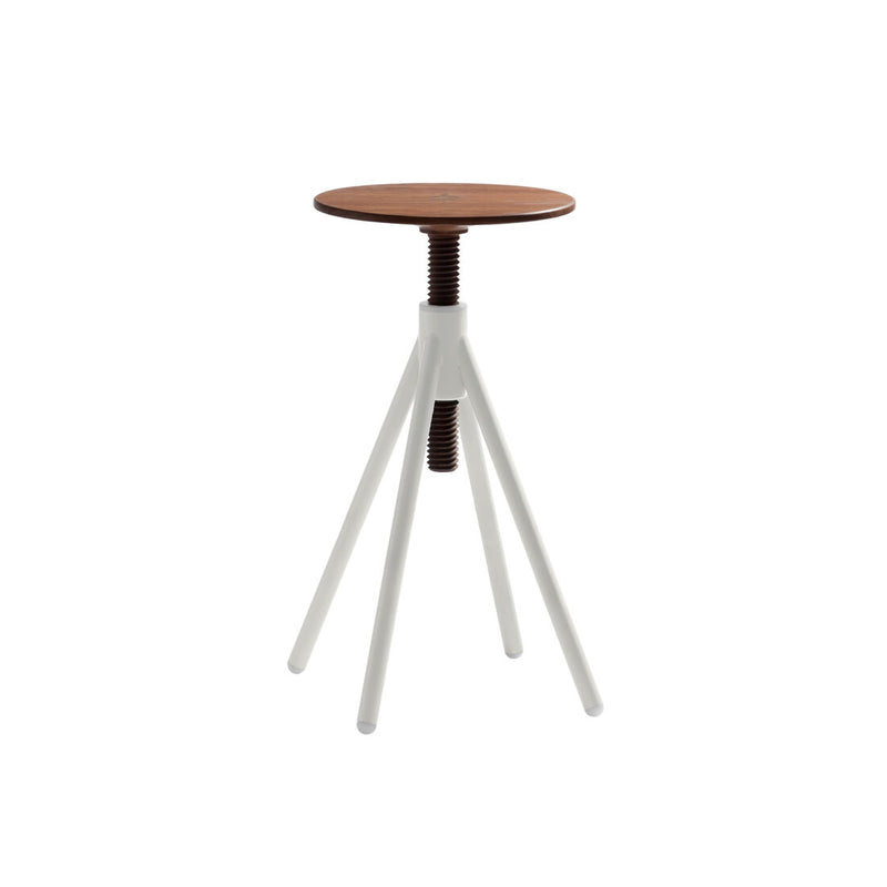 The Thread Family - High Stool by Coordination Berlin is a modern, functional piece featuring a walnut wood circular seat and metal base. It has a tripod-like design with white legs and a central screw mechanism for height adjustment, showcasing minimalist adjustable furniture at its finest.