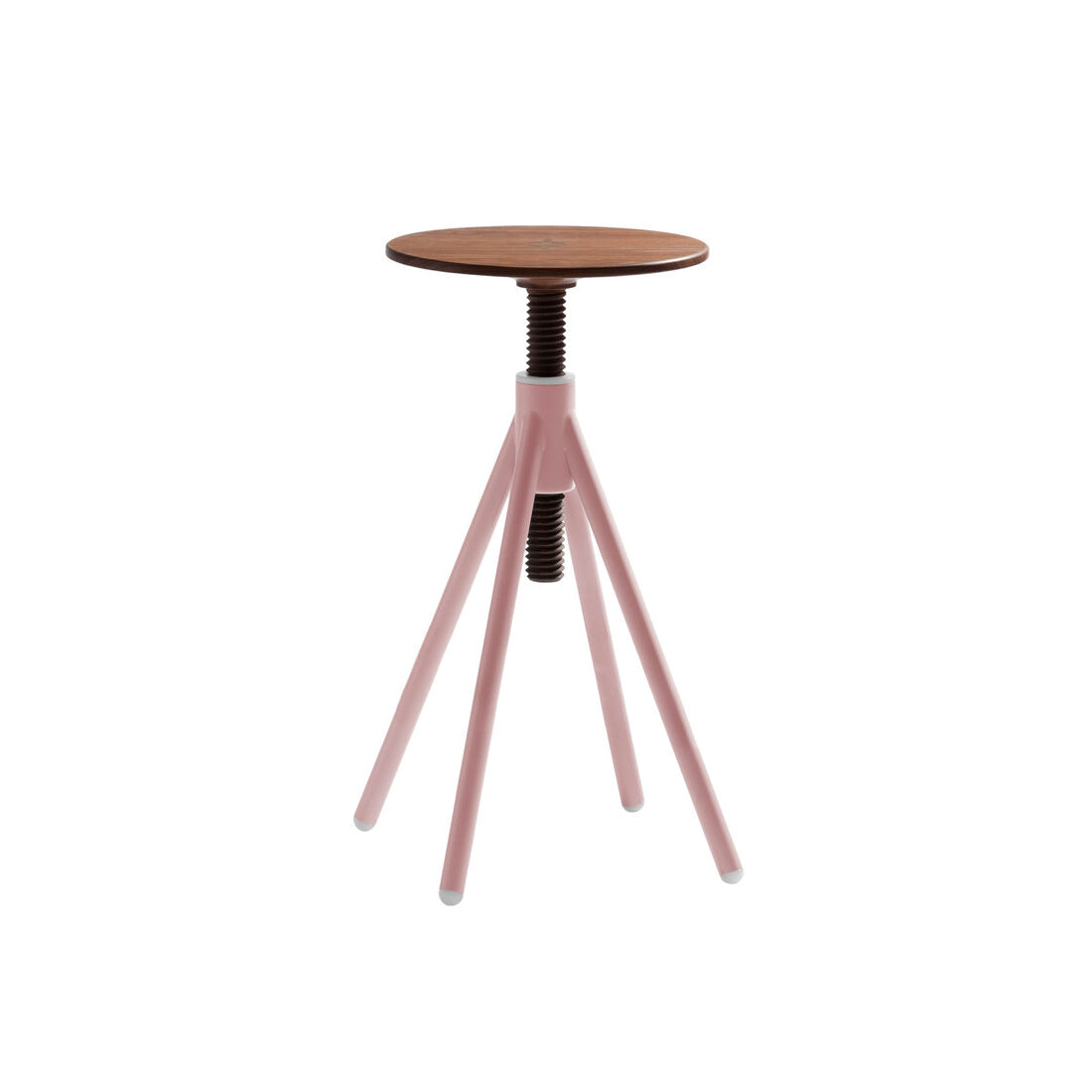 The Thread Family High Stool by Coordination Berlin is an adjustable pink stool with a round walnut wood seat, featuring three tripod-style legs. Seat height adjusts via a central screw mechanism connecting the legs and seat.