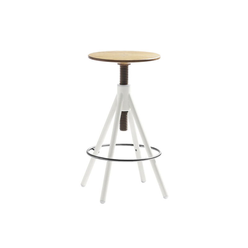 The Thread Family High Stool by Coordination Berlin is a minimalistic, industrial design featuring a height-adjustable walnut wood round seat with white metal legs and a circular footrest.