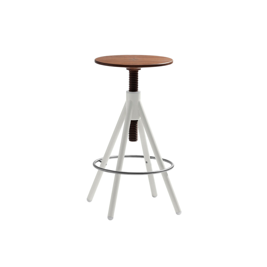 The Thread Family - High Stool by Coordination Berlin features a walnut wood top and white metal frame with an adjustable screw mechanism for easy height changes, complemented by a circular footrest elegantly connecting the four legs.