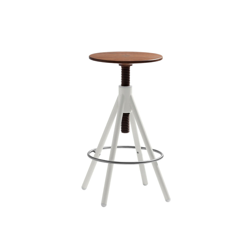 The Thread Family - High Stool by Coordination Berlin features a walnut wood top and white metal frame with an adjustable screw mechanism for easy height changes, complemented by a circular footrest elegantly connecting the four legs.